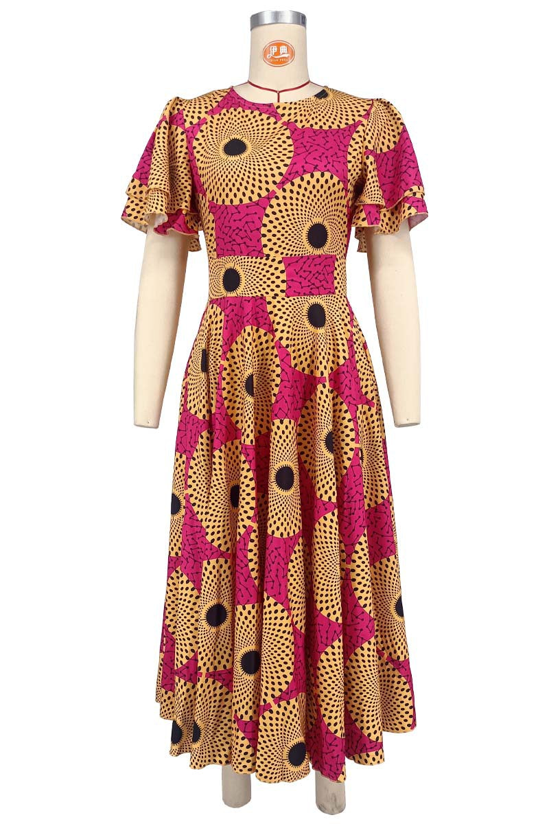 Women African Round Neck double-layer ruffle short-sleeved printed dress 3
