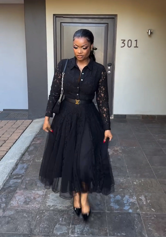 Elegant Women's Lace Patchwork Mesh Irregular Midi Dress 3