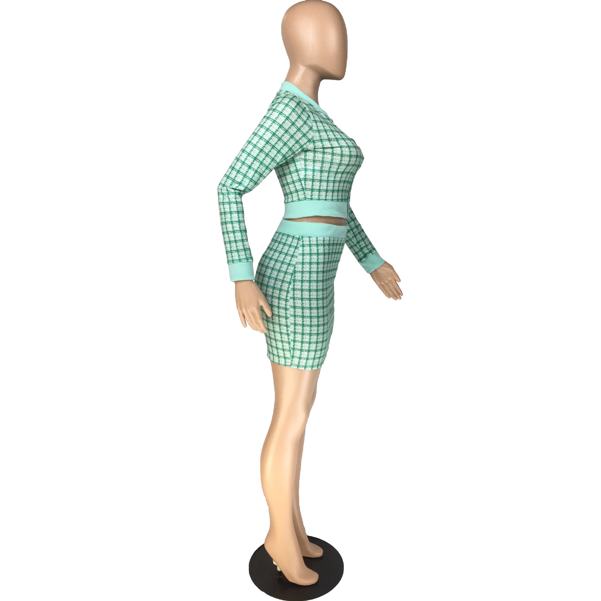 Women Plaid Ribbed Long Sleeve Top and Skirt Two-piece Set 25