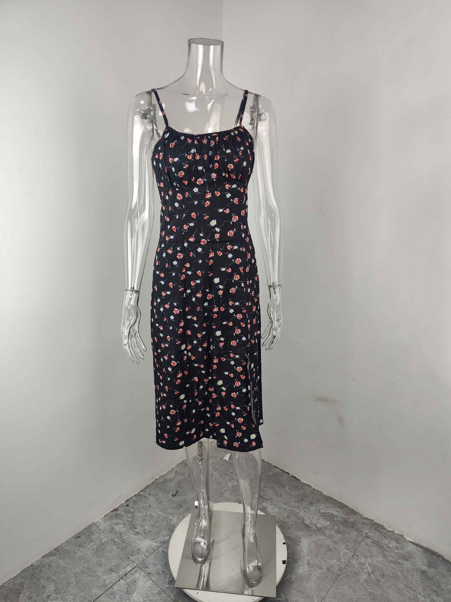 Women Spring Sexy Print Lace-up Slit Strap Dress 17