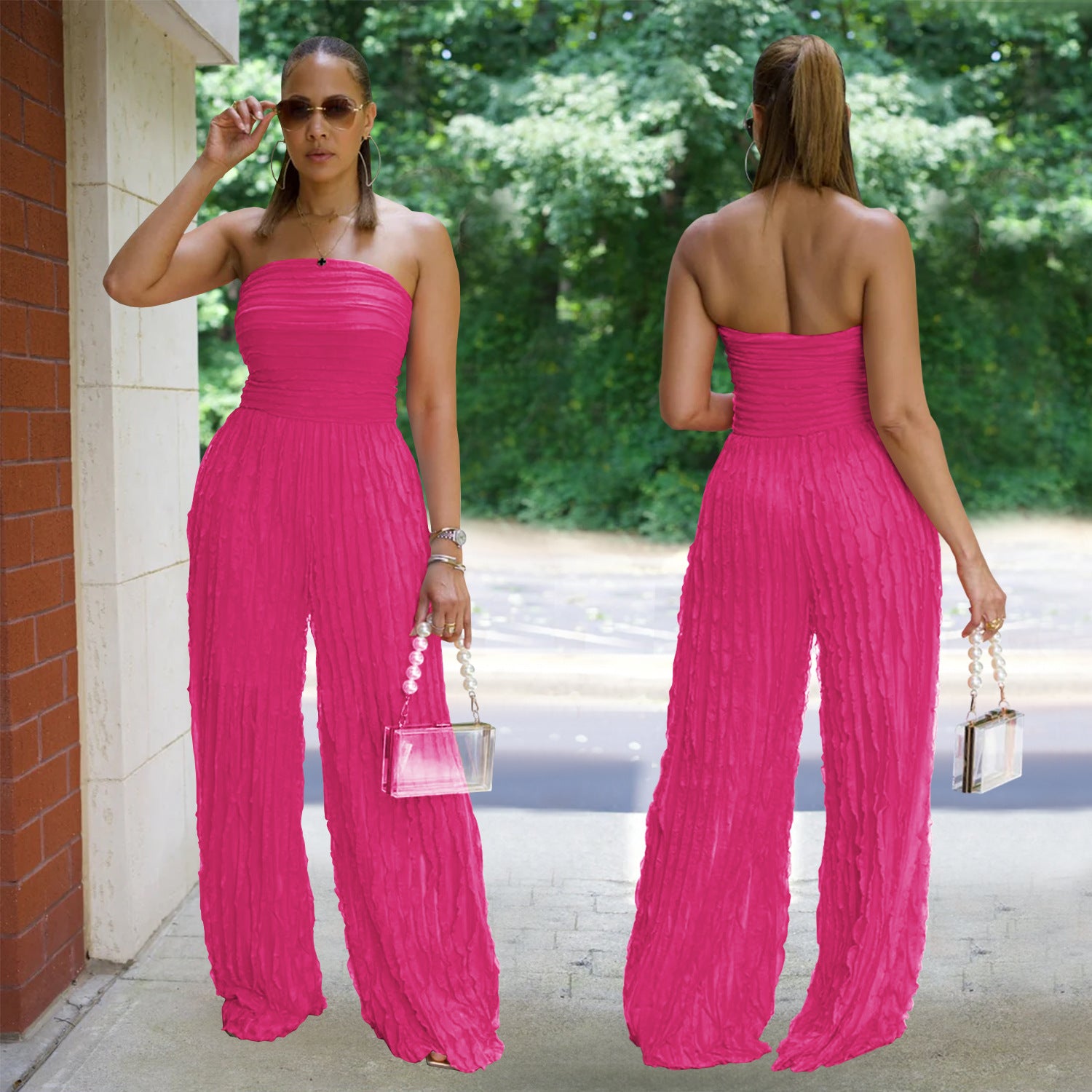 Women solid casual wave pattern jumpsuit 4
