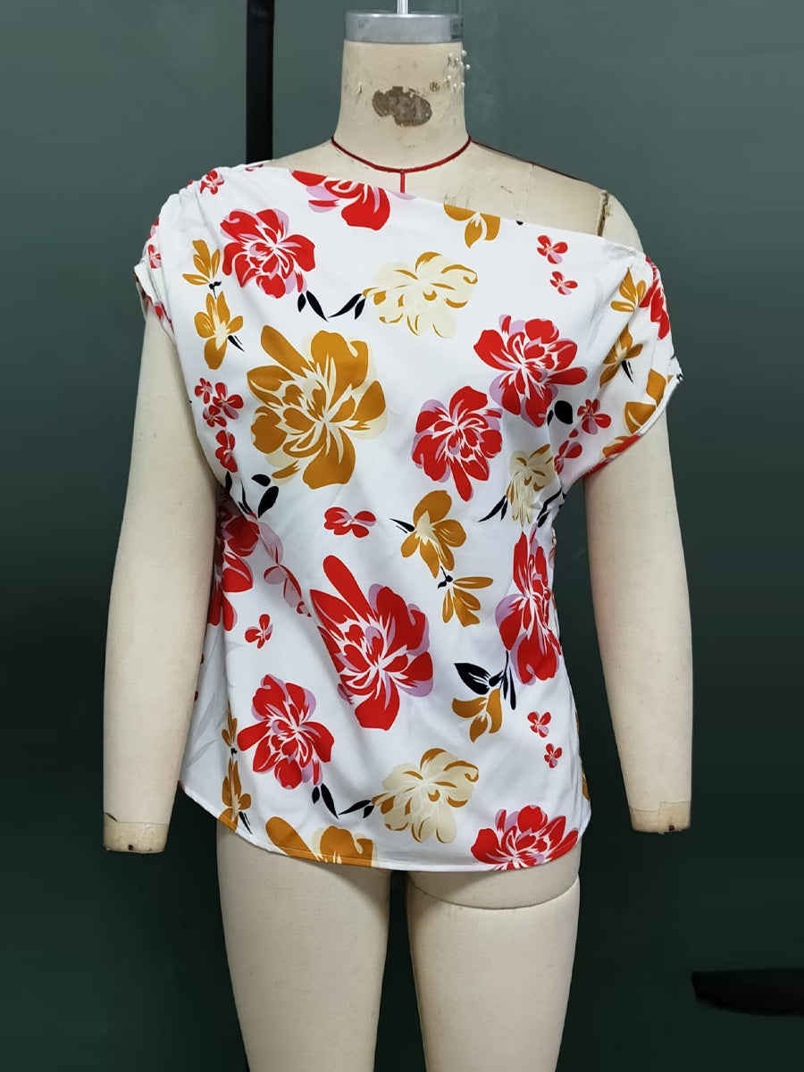 Slash Shoulder Shirt Summer Women's Pullover Holidays Short Sleeve Blouse 8