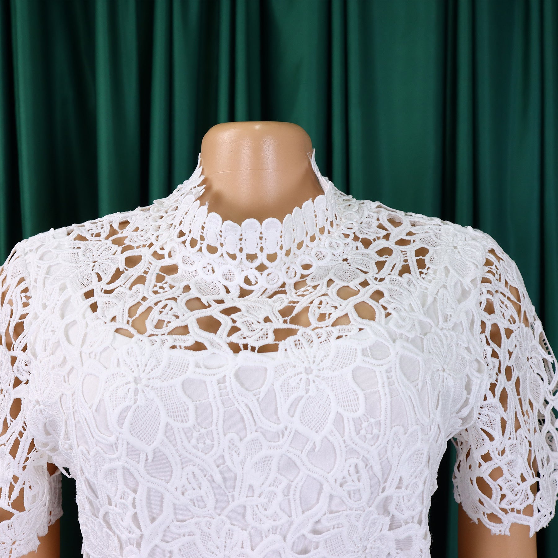 Women's Sexy Lace Hollow Short Sleeve Belt High Waist Wide Leg Jumpsuit 35