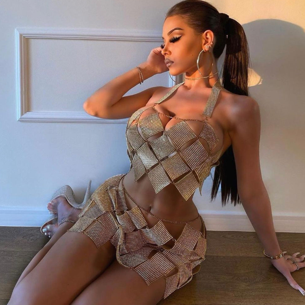 Women's Nightclub Style Sexy Diamond Sequin Checkered Two Piece Skirt Set 16