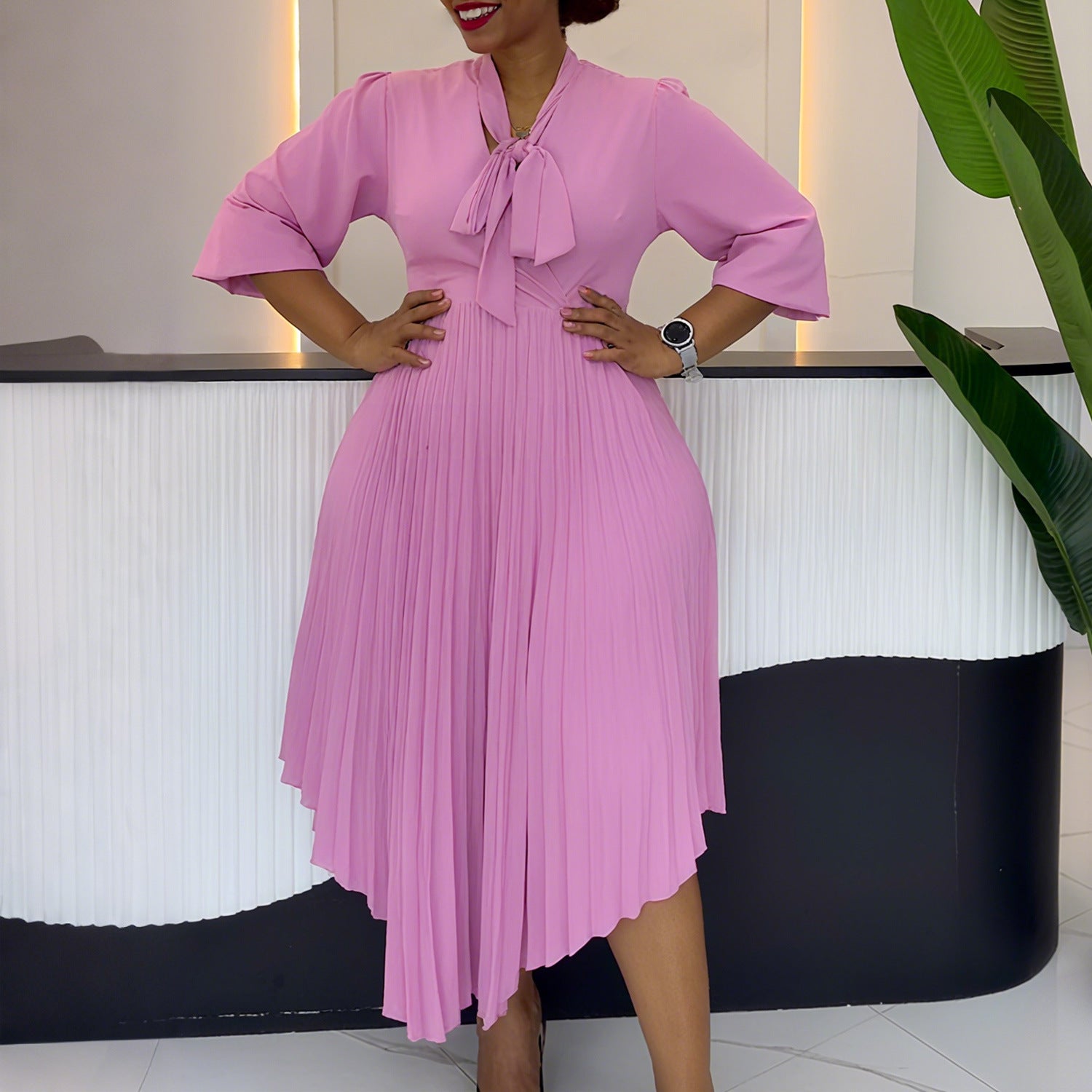 Women 3/4-sleeve tie dress with irregular pleats 4