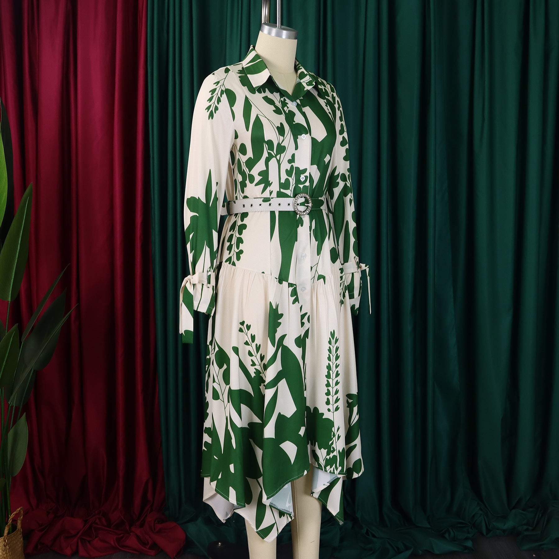 Women's Fashion Chic Print Turndown Collar Long Sleeve Belt Irregular Print Dress 13