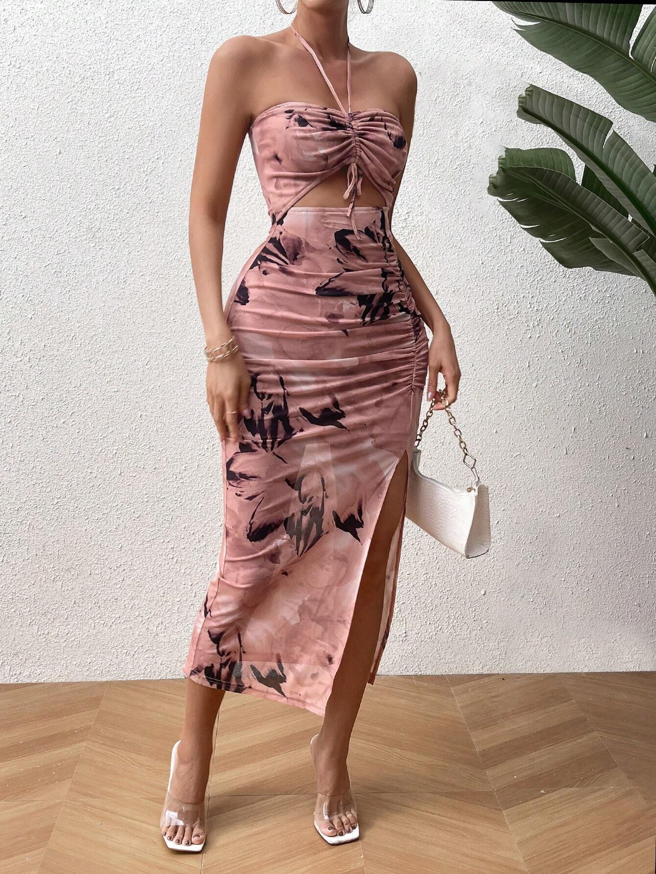 Spring and Summer Women's Strapless Halter Low Back Print Slim Dress 23