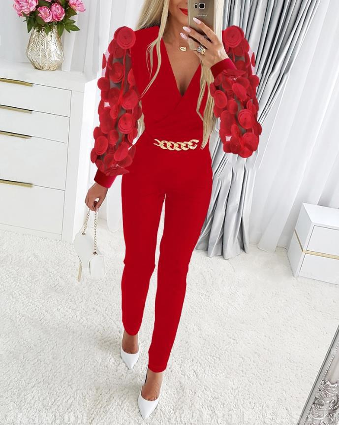 Spring Puff Mesh Patchwork V-Neck Women's Jumpsuit 13