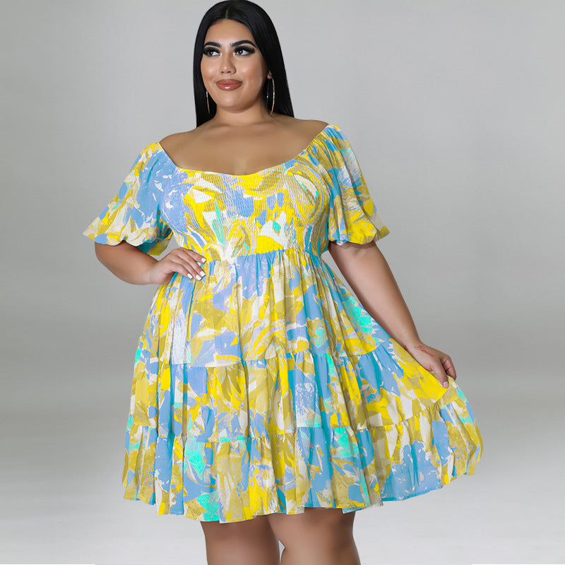 Plus Size Women's Summer Sexy Off Shoulder Print Loose Casual Dress 4