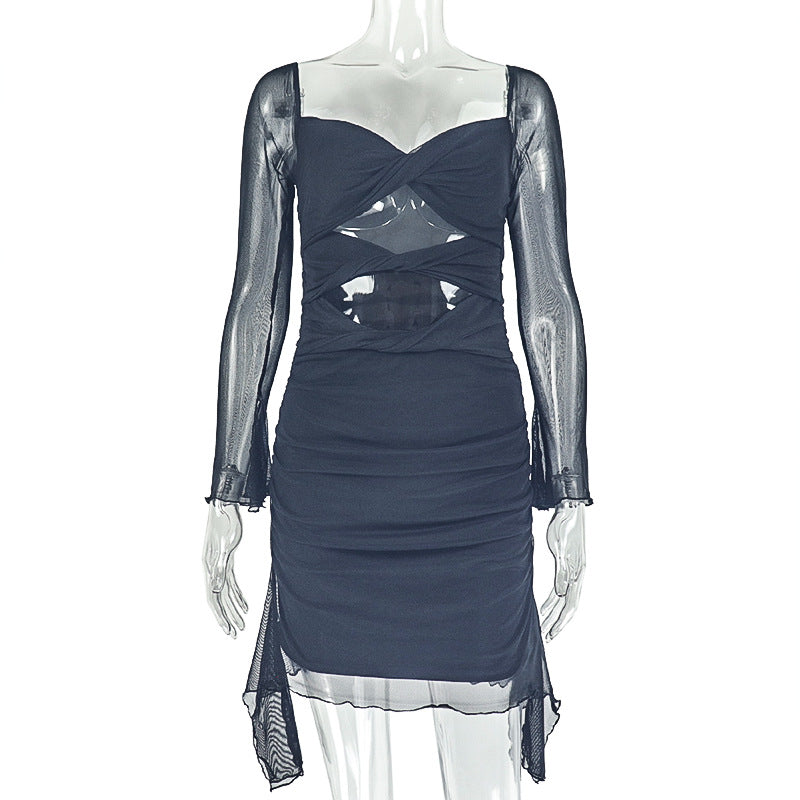 Women Cutout Pleated U-Neck Long Sleeve Solid Bodycon dress 8