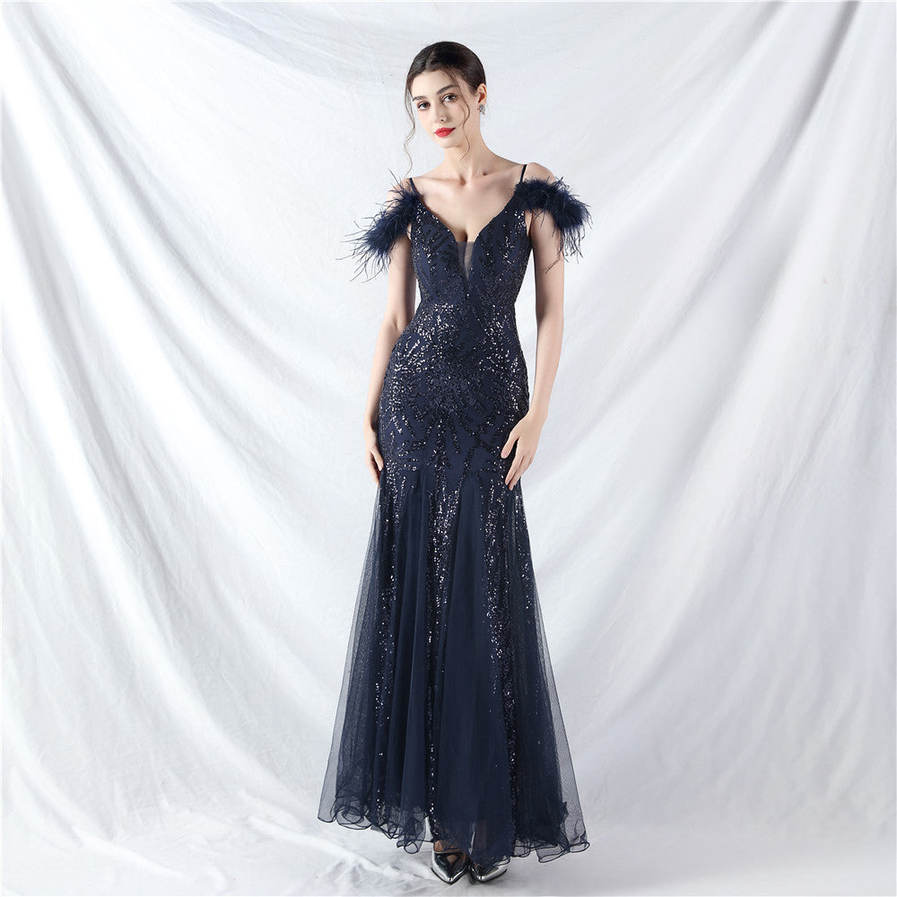 Strap Off Shoulder Long Sequins Elegant Formal Party Evening Dress 13