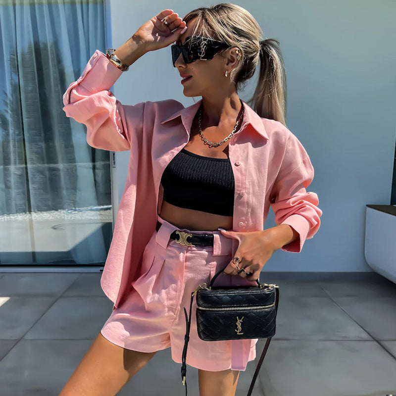 Summer Fashion Casual Summer Women's Long Sleeve Loose Shirt Shorts Two Piece Set 5
