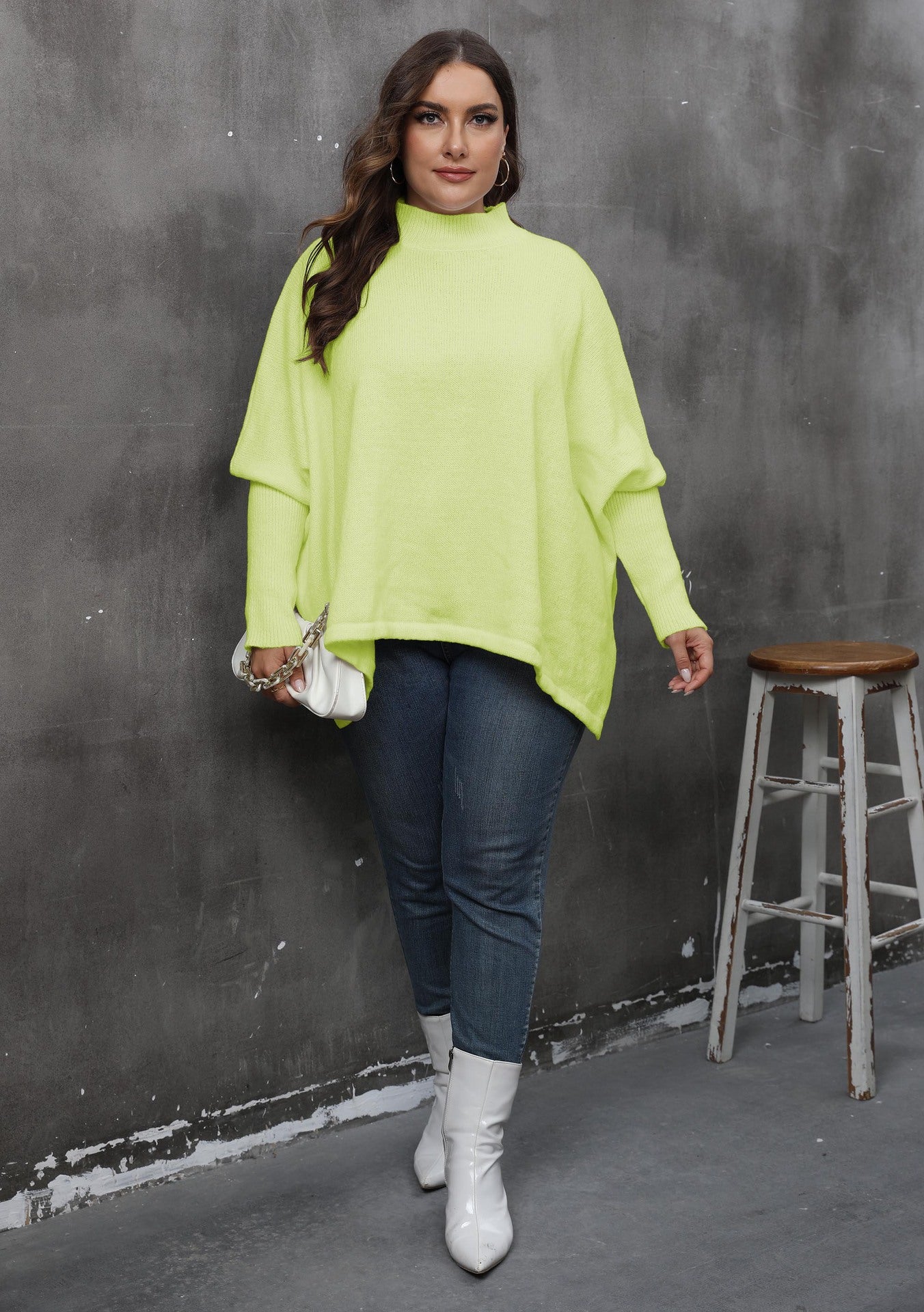 Women's Pullover Top Plus Size Women's Slit Bat Sleeves Turtleneck Loose Sweater 18