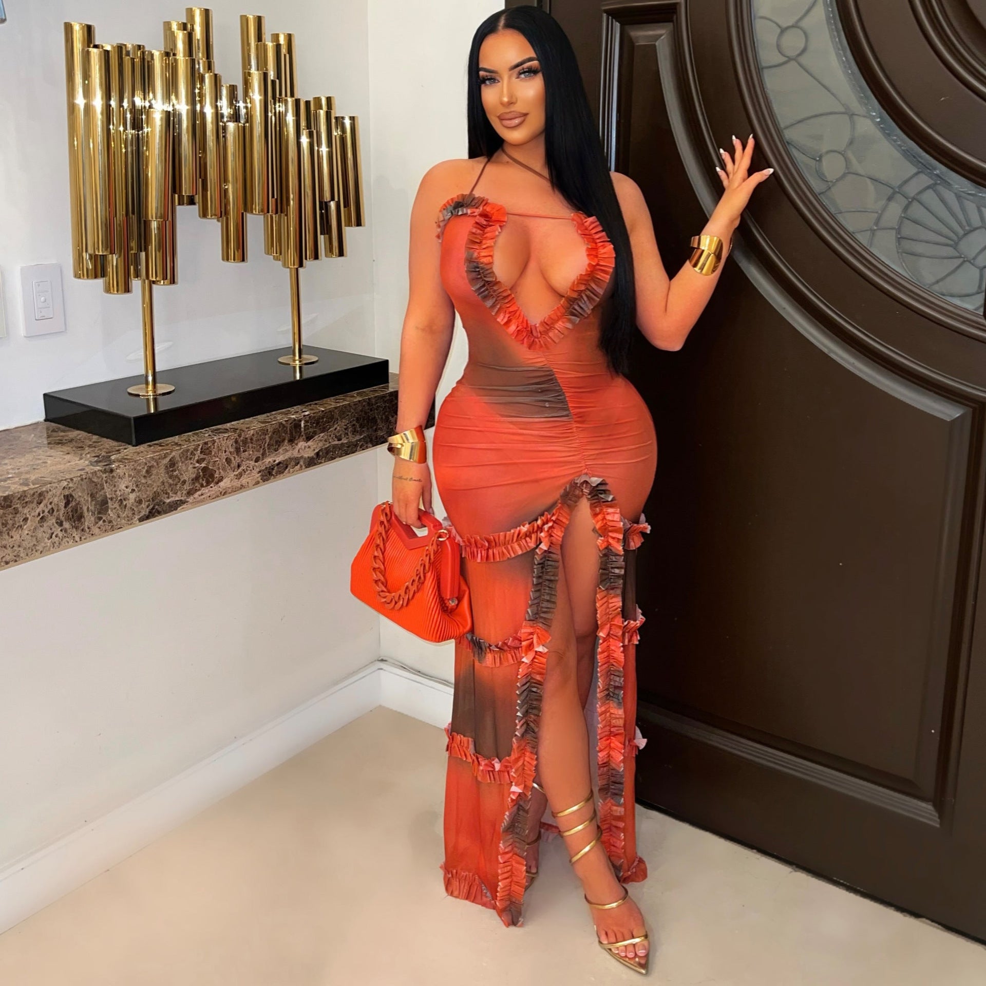 Women's Strap Hollow Lace Slit Dress 6