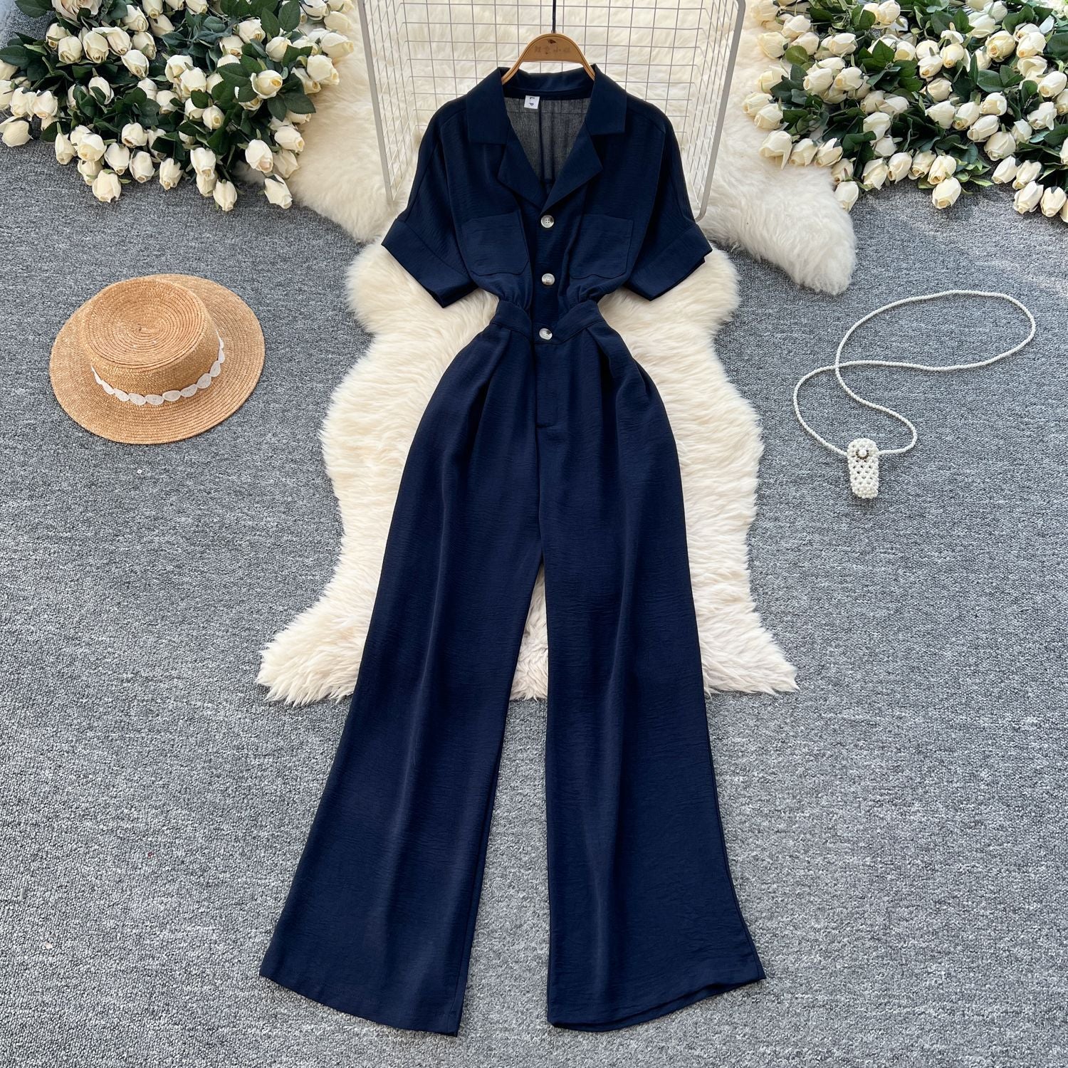 Summer Chic Turn-down Collar Button High Waist Jumpsuit 18