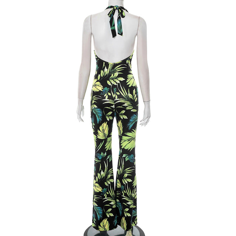 Women's Spring-Summer V-Neck Halter Lace-Up Leaf Print Flared Jumpsuit 7