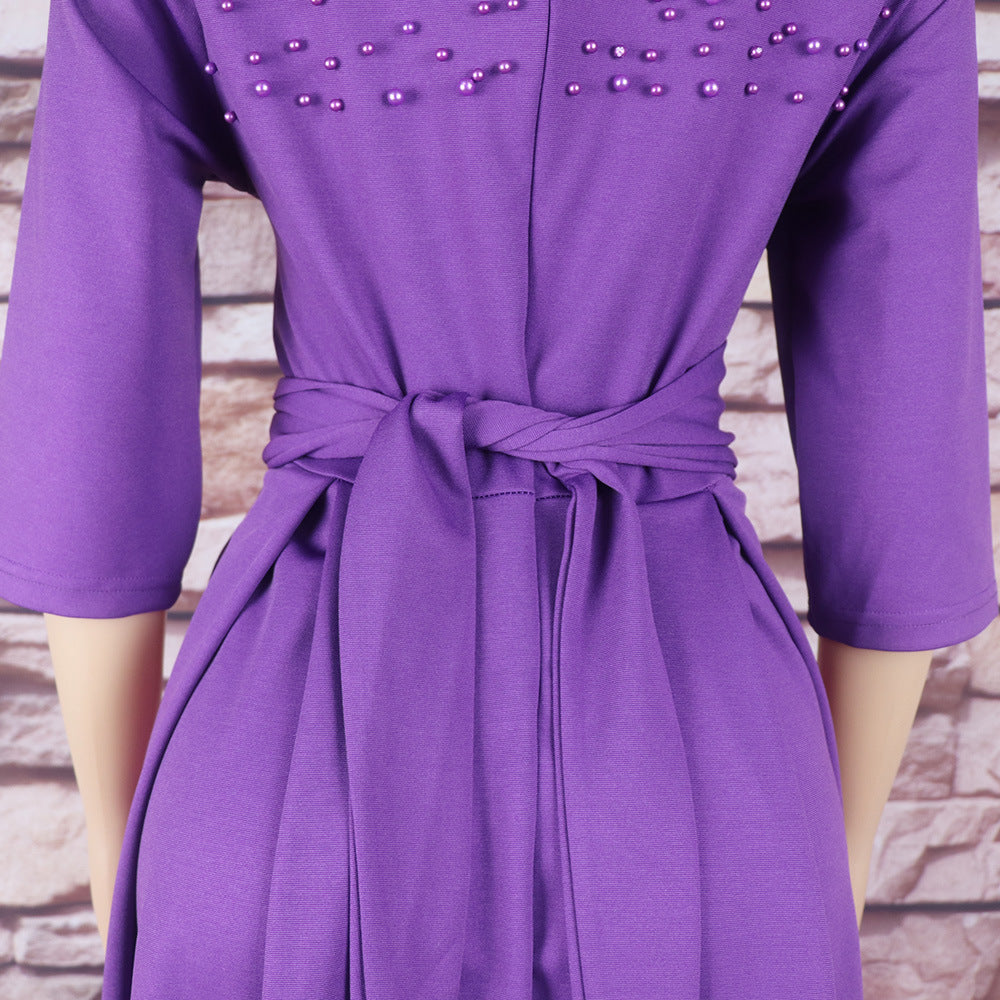 Women African Elegant Stand Collar Beaded Belt Pocket Dress 27