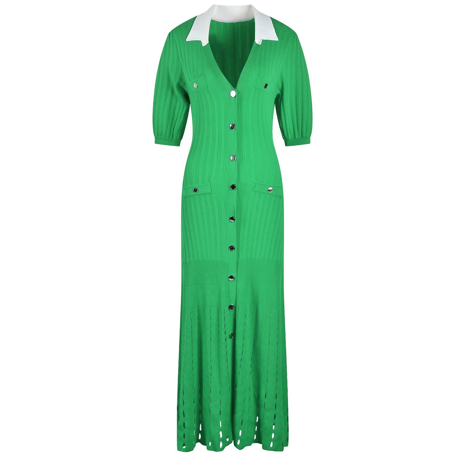 Women French Elegance Turndown Collar Contrast Hollow Short Sleeve Knitting Dress 4