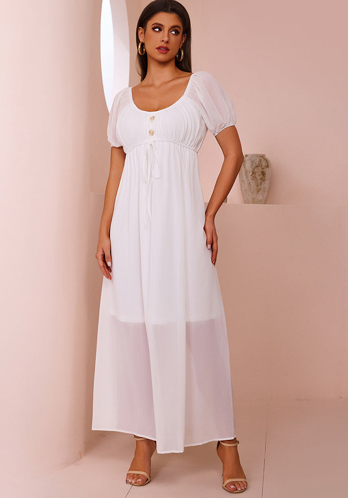 Summer Solid Color Square Neck Cotton Holiday Slim Waist Maxi Dress
