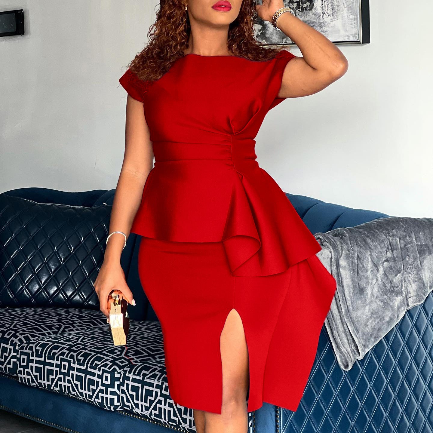 Plus Size Women Round Neck Solid Short Sleeve Slit Dress