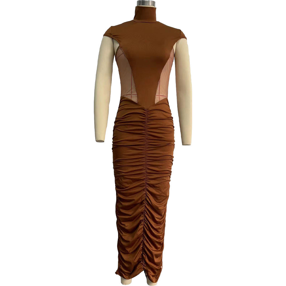 Spring Sexy See-Through Mesh Pleated Long Dress 7