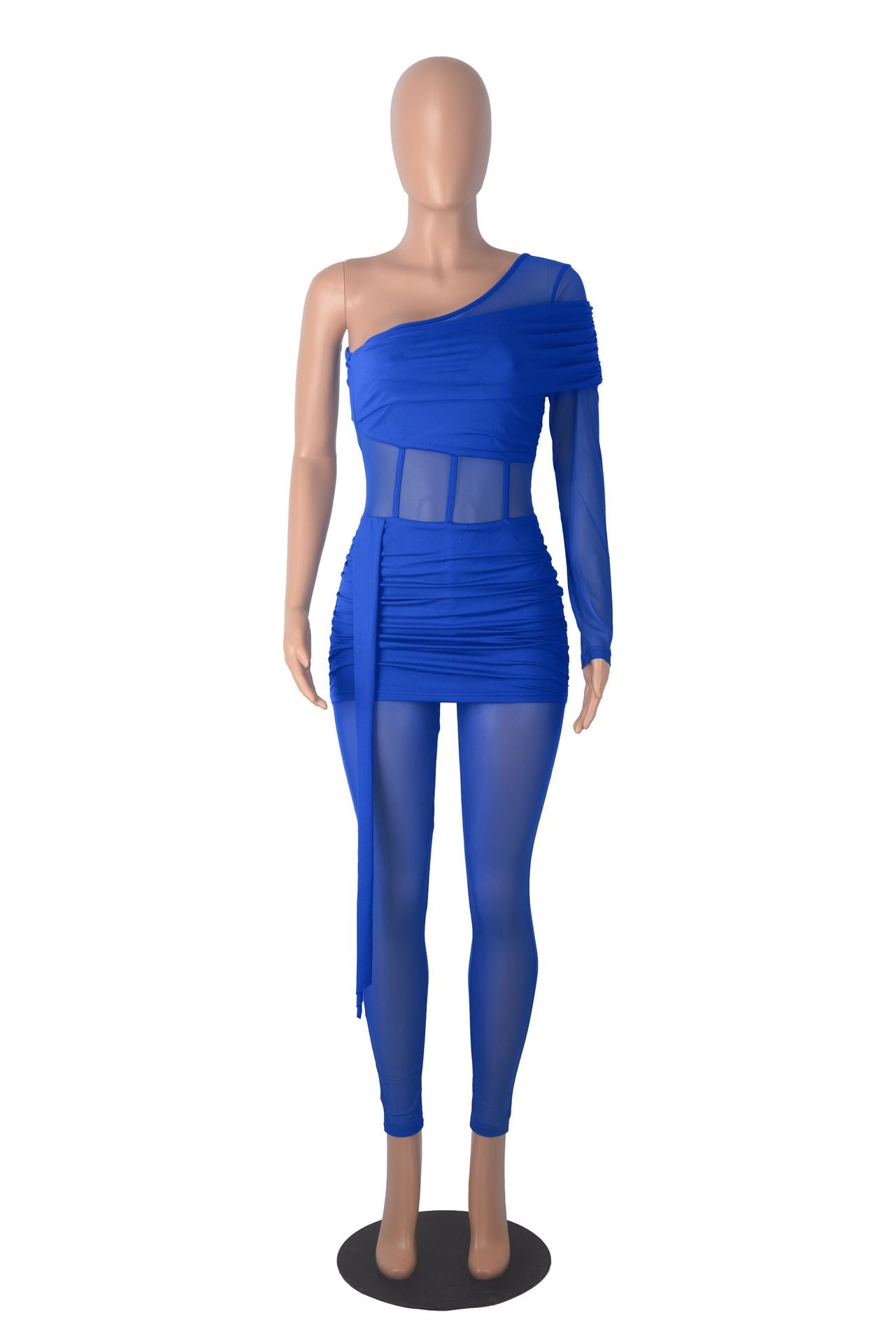 Fashion Slim Fit Sexy Solid Color Slim Waist One-Shoulder Long Sleeve Patchwork Jumpsuit 14