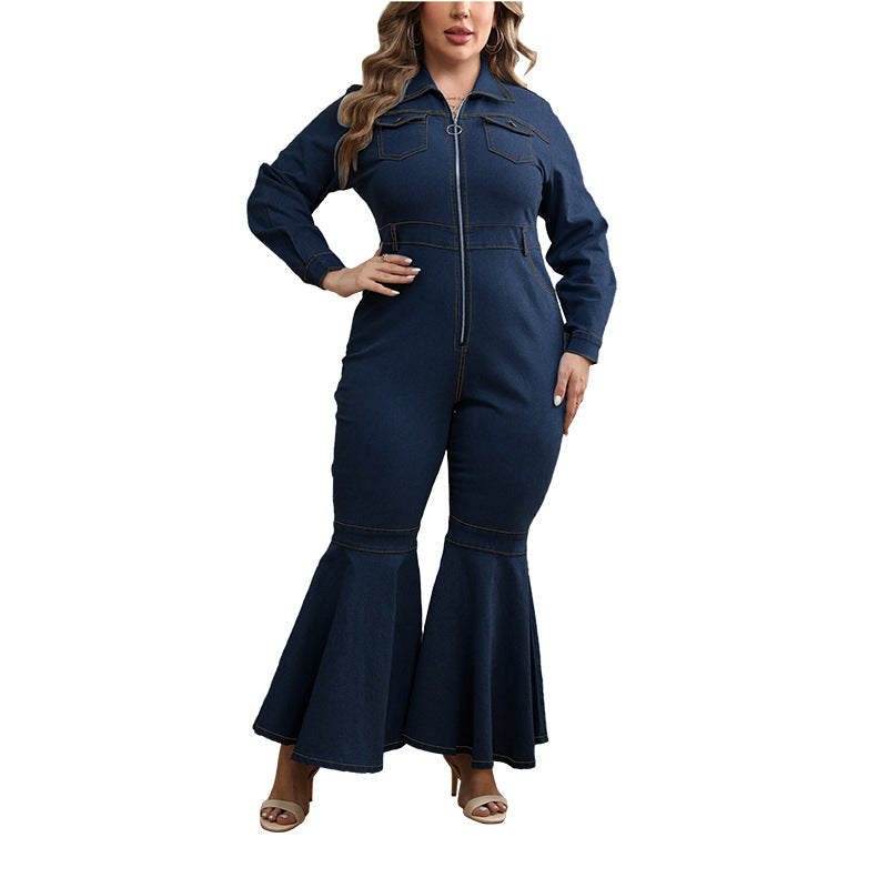 Plus Size Women's Zipper Turndown Collar Long Sleeve Bell Bottom Denim Jumpsuit 8