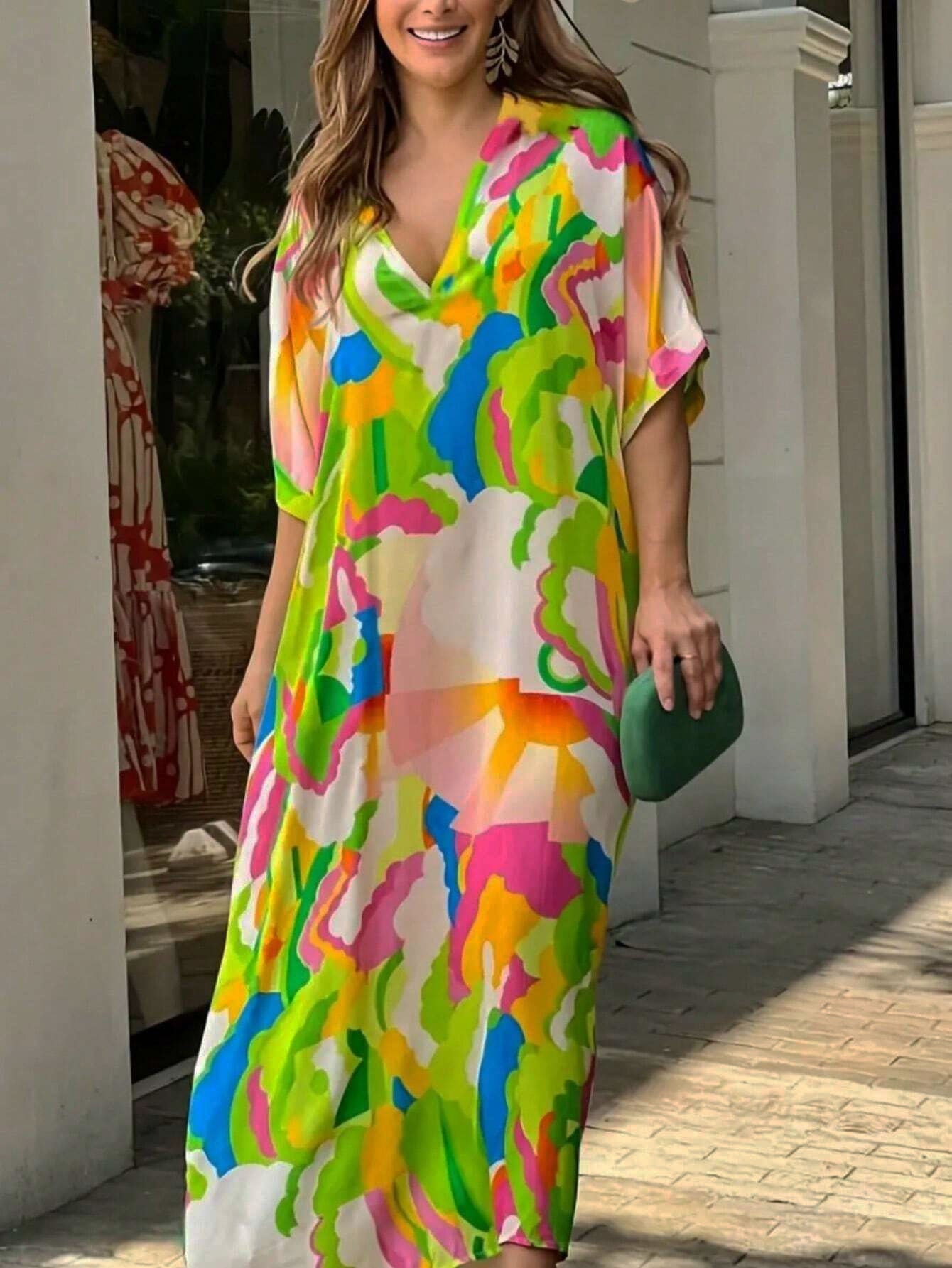 Multi-Color Printed V-Neck Loose Holidays Long Dress