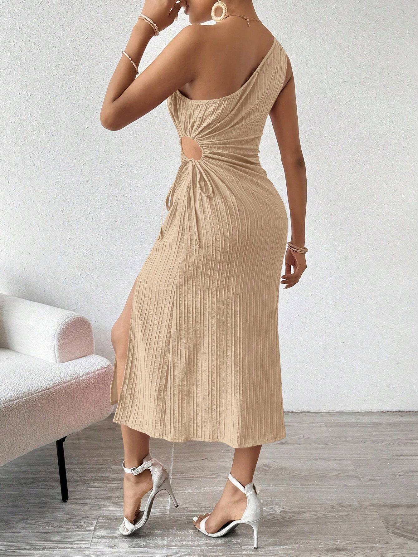 Women Spring and Summer Elegant Sexy Sleeveless One Shoulder Slash Shoulder Solid Slit Dress 6