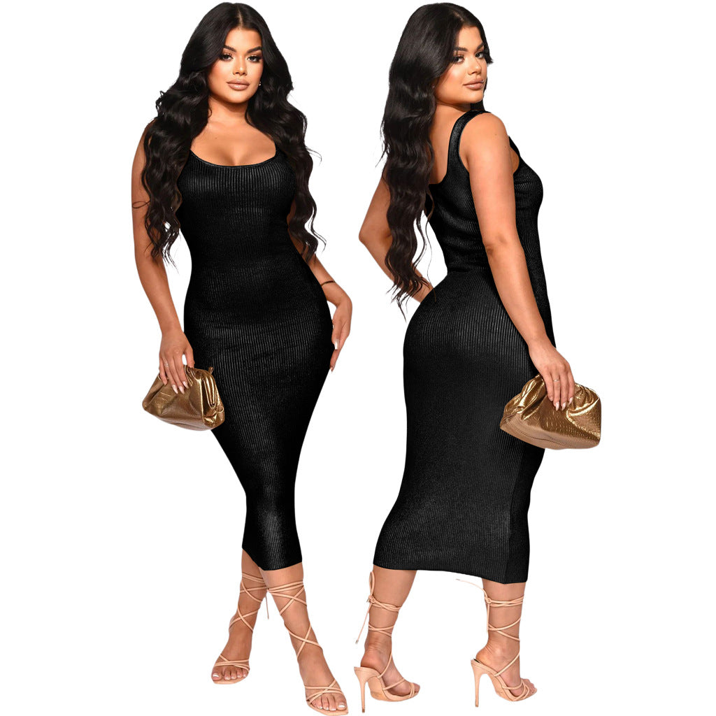 Sexy Fashionable U-Neck Sleeveless Solid Color Slim Women's Dress