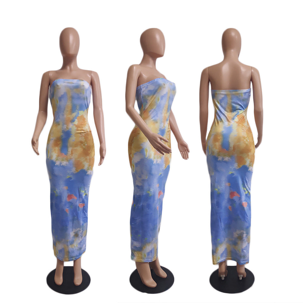 Summer Women's Sexy Printed Strapless Chic Tight Fitting Printed Long Dress 9