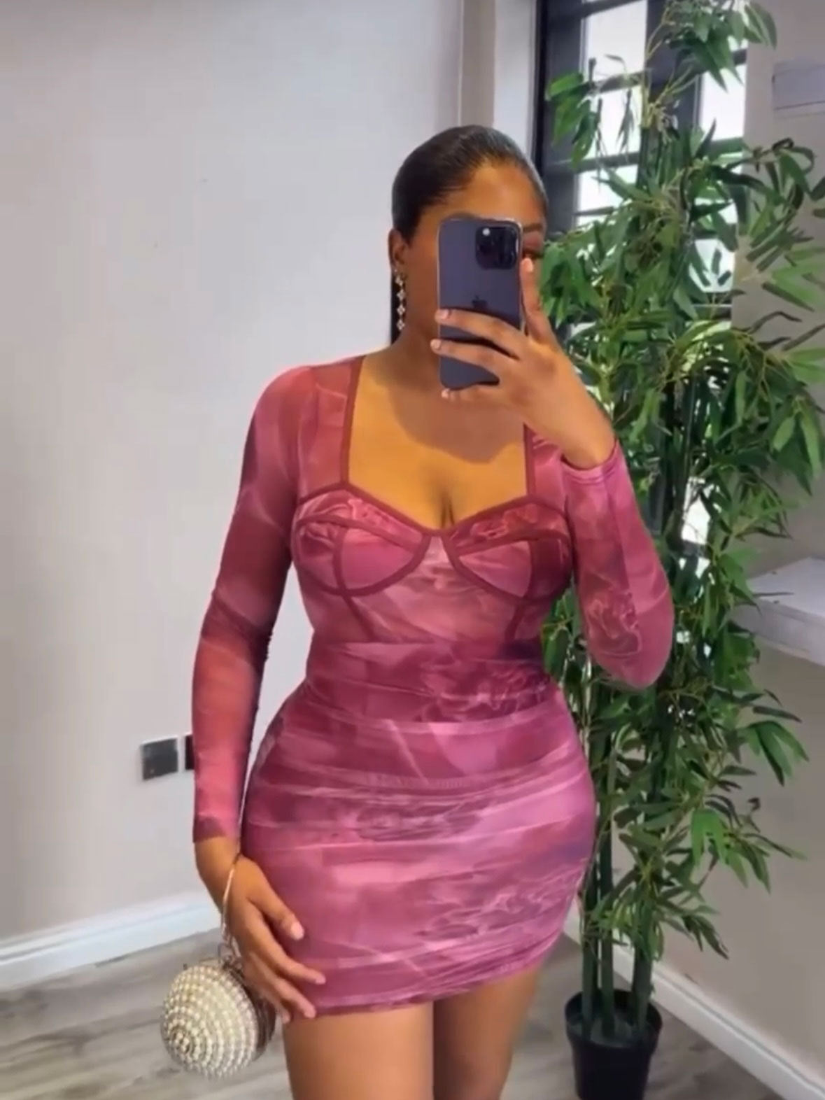 Women Mesh See-Through Sexy Pleated Bodycon Long Sleeve Dress 3