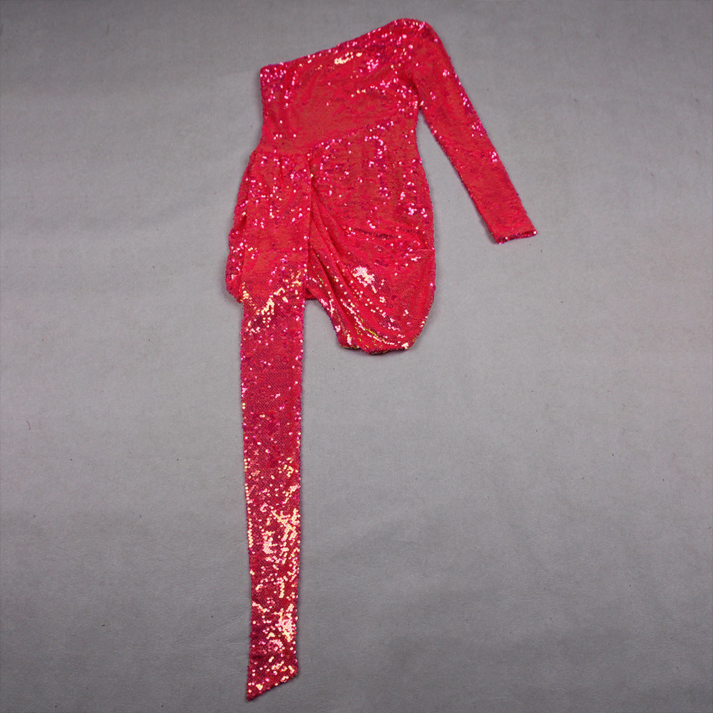 Women Sequin Formal Party One-shoulder Dress 11