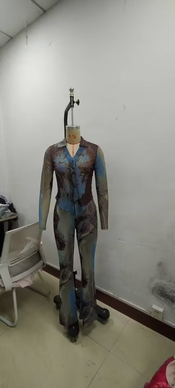 Women Sexy Button Printed Mesh Top and Bell Bottom Pants Two-Piece Set 12