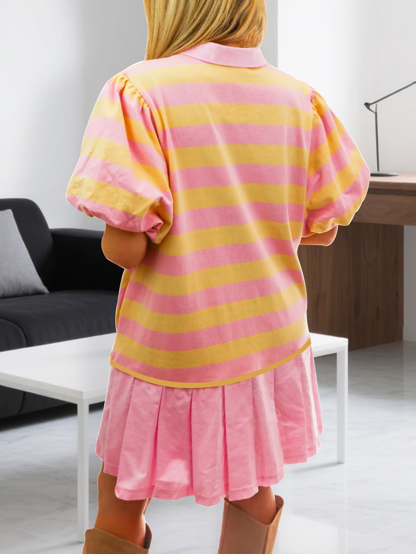 Plus-Size Women Elegant Turndown Collar Short-Sleeve Pleated Casual Dress 4