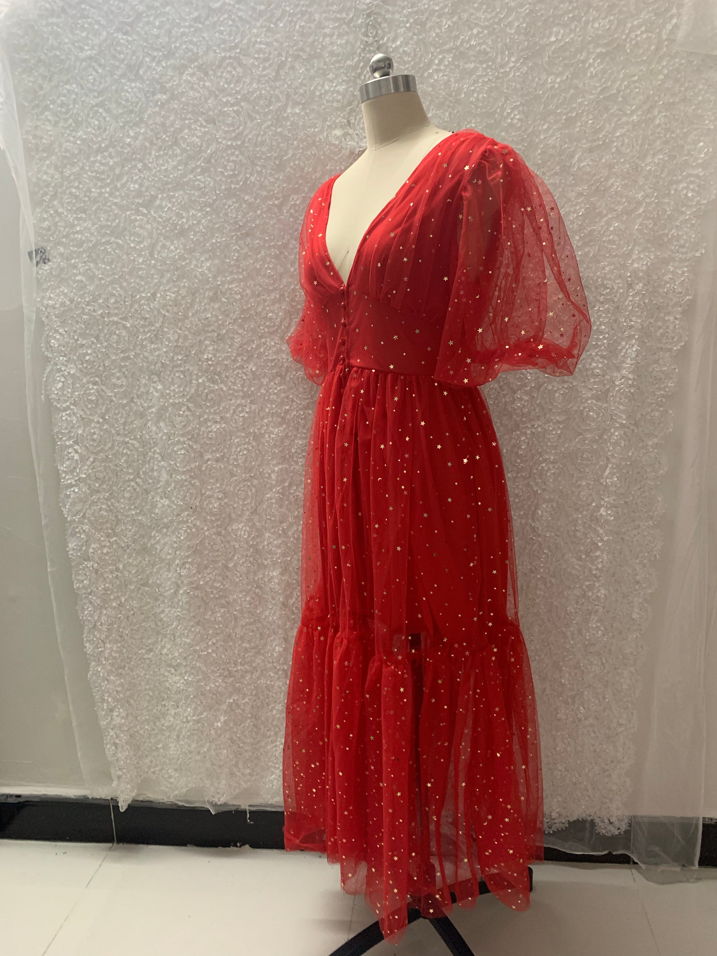 Women v-neck lantern sleeve sparkling mesh dress 9