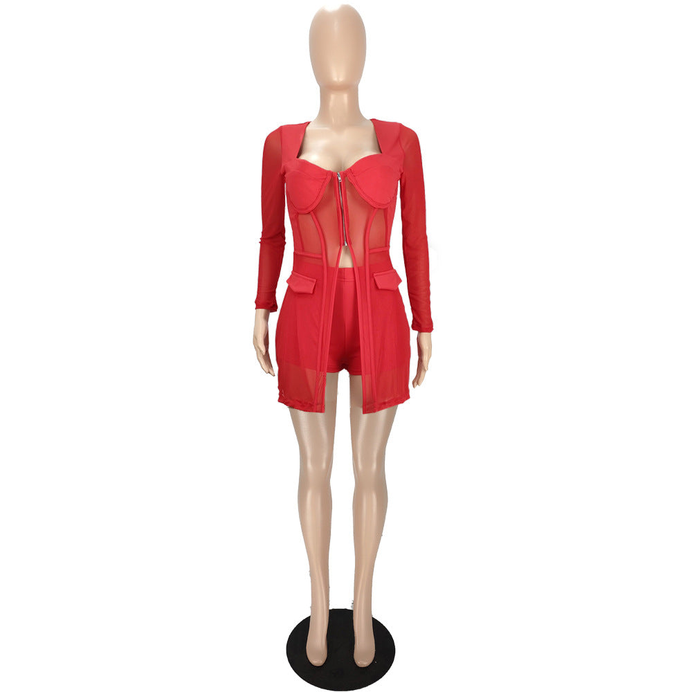 Women Mesh See-Through Patchwork Zipper Top and Shorts Two-piece Set 20