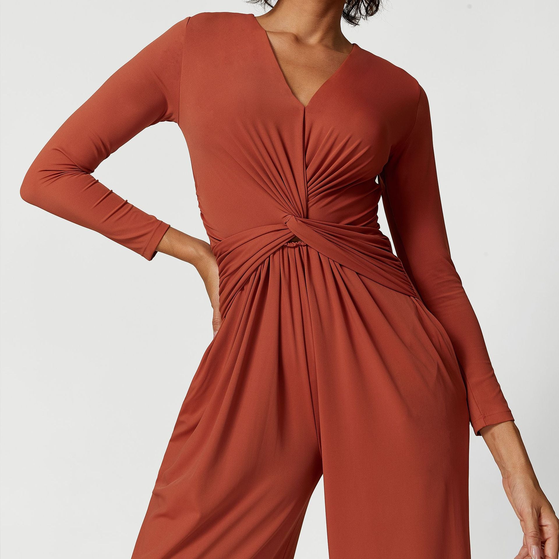 Women sexy v-neck pleated split yoga jumpsuits 11