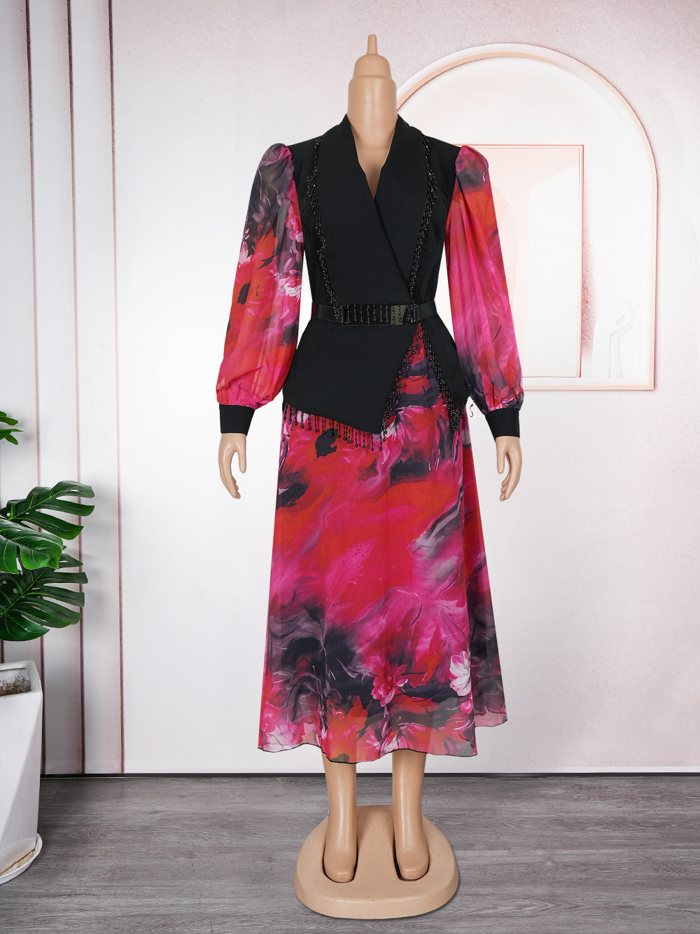 Plus Size Women's Elegant African Print Autumn/Winter Chic Color Block Midi Dress 7