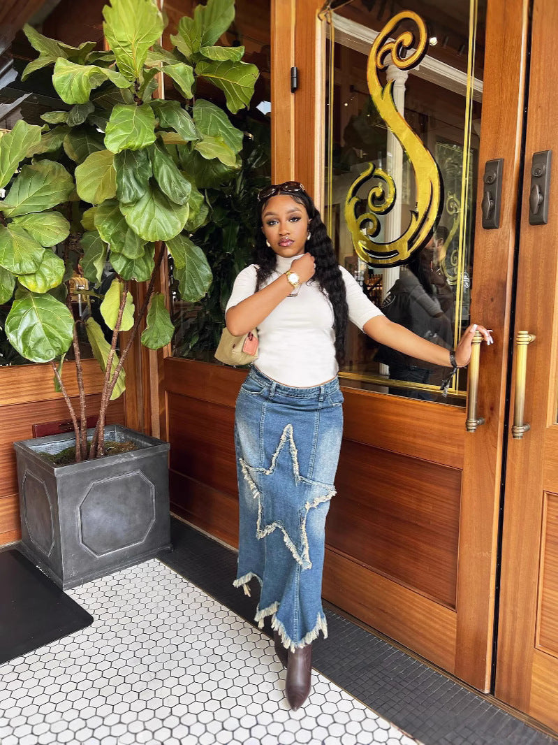 Women Half Star Patch Washed Denim Skirt