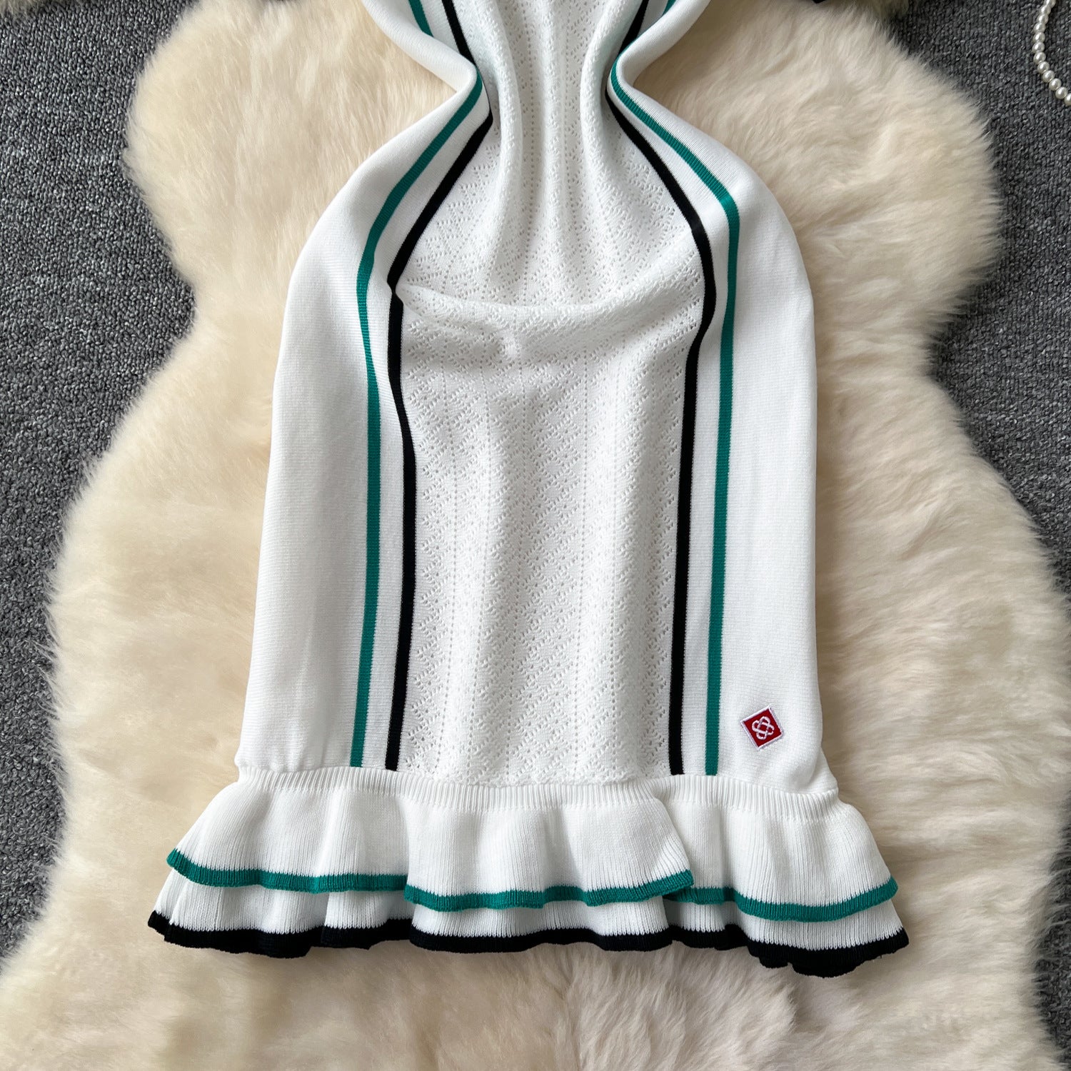 Women's Turndown Collar Contrast Slim Waist Slim Fit Ruffles Knitting Dress 12