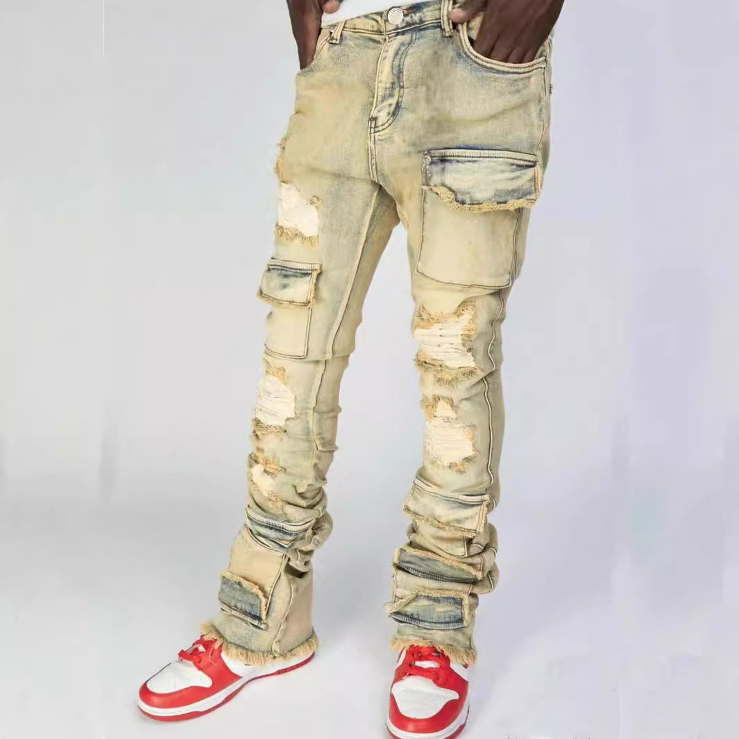 Men's Ripped Denim Cargo Straight Pants 5