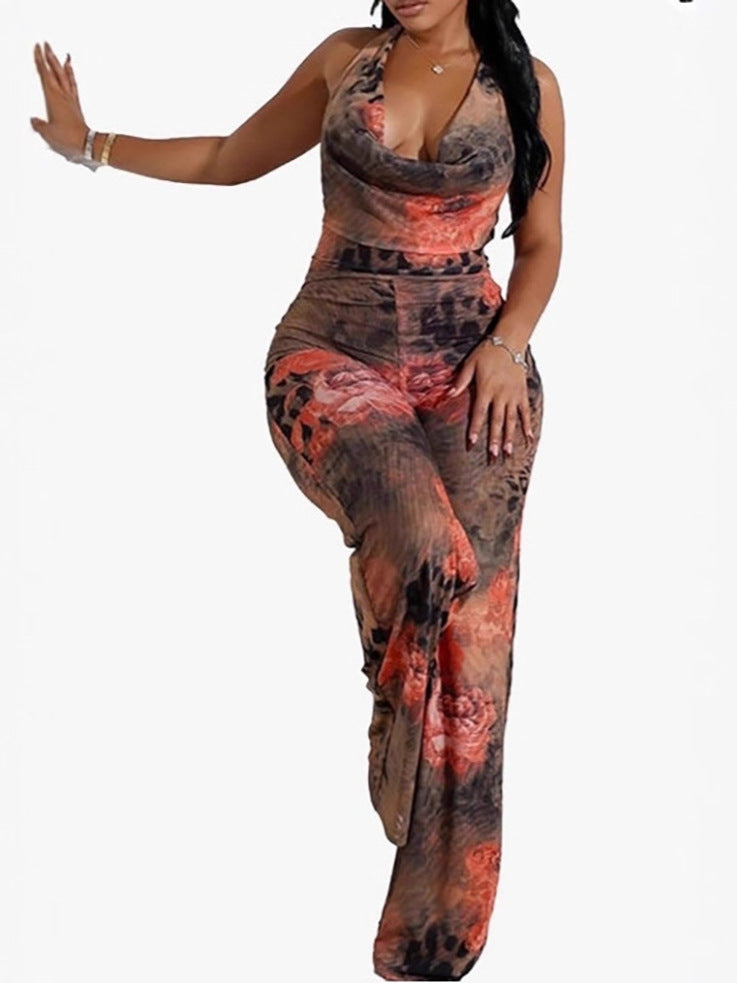 Women's Sexy Leopard Floral Print Halter Neck Jumpsuit 3