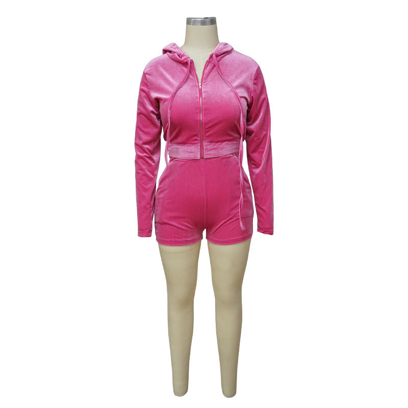 Women's Autumn Solid Velvet Hooded Long Sleeve Tight Fitting Two Piece Tracksuit 9