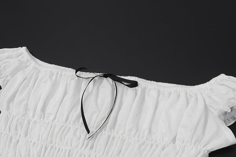 Women summer new sexy Chic Holidays Off Shoulder pleated top slit skirt set 10