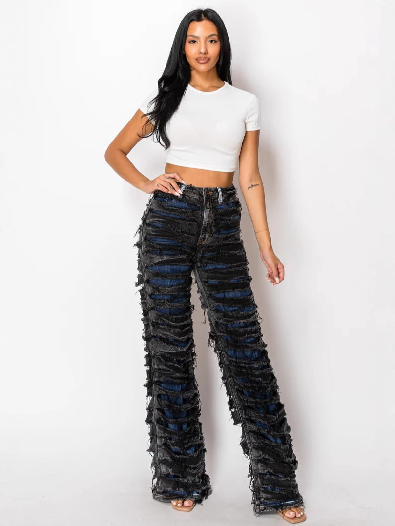 Women Double Ripped Denim Pants 4