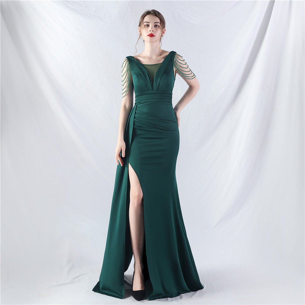 Women Satin Pleated Beaded Evening Dress 12