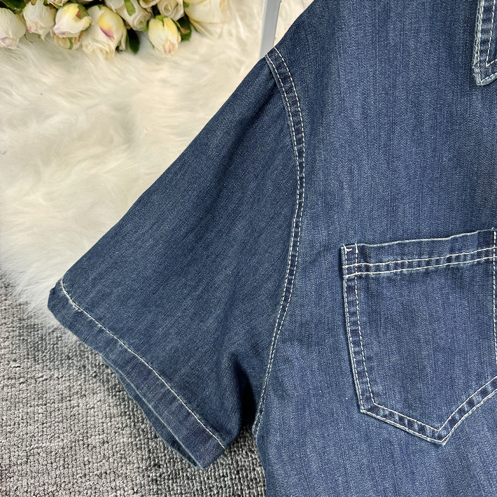 Summer Loose Short-Sleeved Denim Shirt Wide-Leg Shorts Casual Trendy Two-Piece Set 7