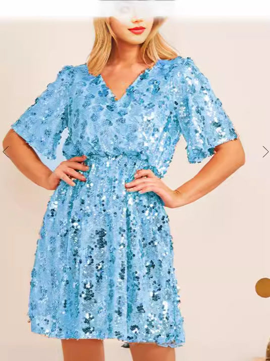 Women's Sequin V-Neck Short Sleeve Sexy Party Dress 5