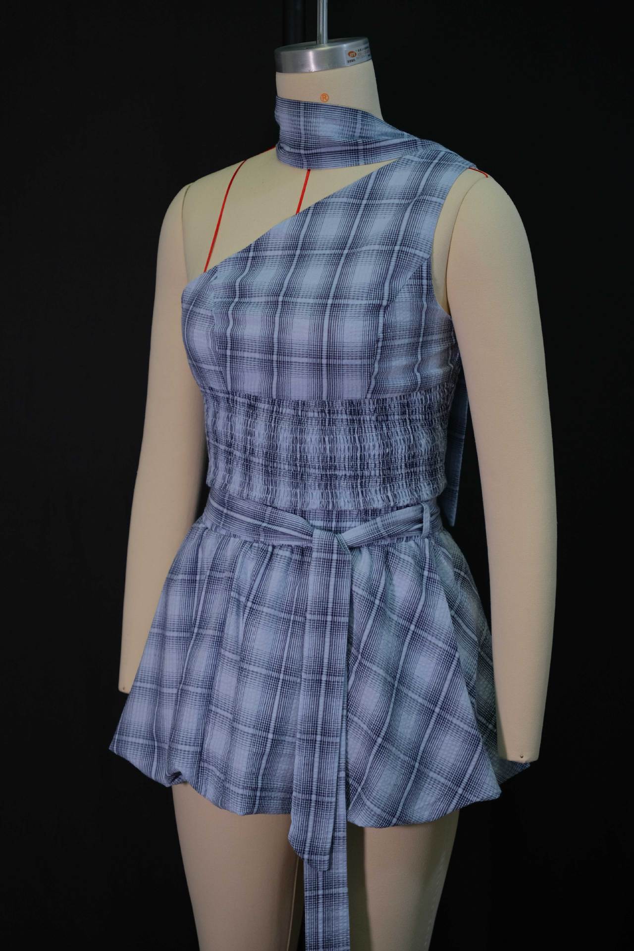 Women's Autumn Fashion Halter Neck Slim Waist Pleated Plaid Skirt Set 11